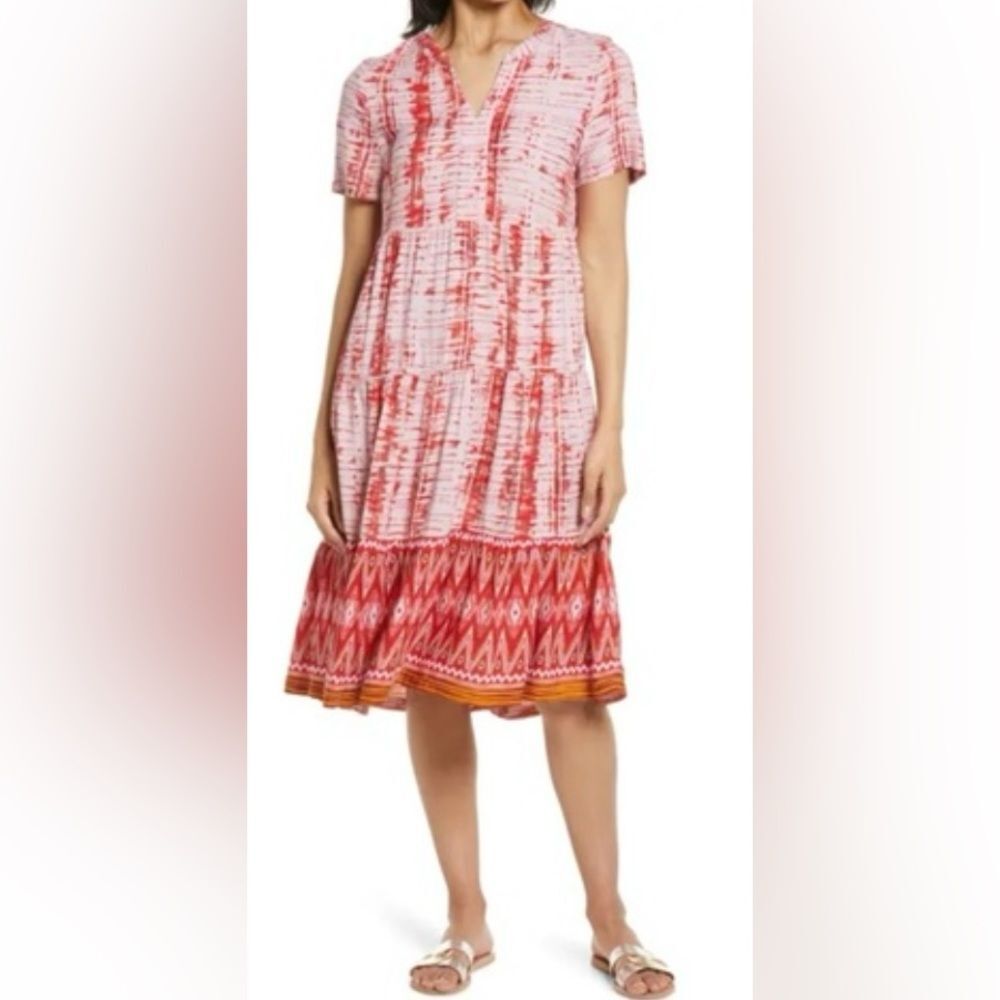 BeachLunchLounge Dress Coley Print Tiered Shift Dress Size XS Tie Dye Red Boho